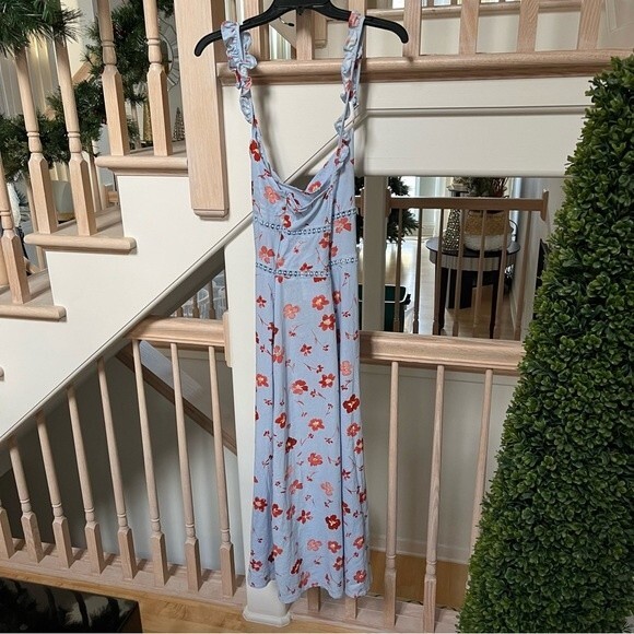 Zara Linen Blend Ruffled Straps Floral Midi Dress L NWT - Picture 5 of 16